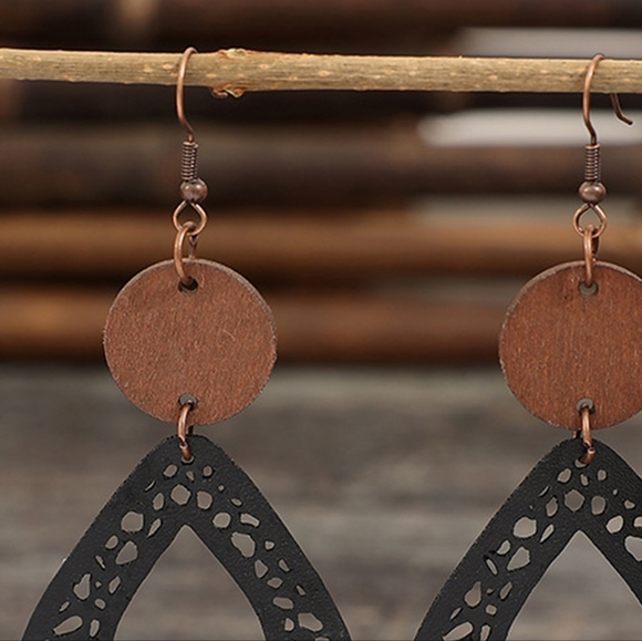Hollowed Wooden Black Leather Teardrop Dangle Earrings - Picture 2 of 3